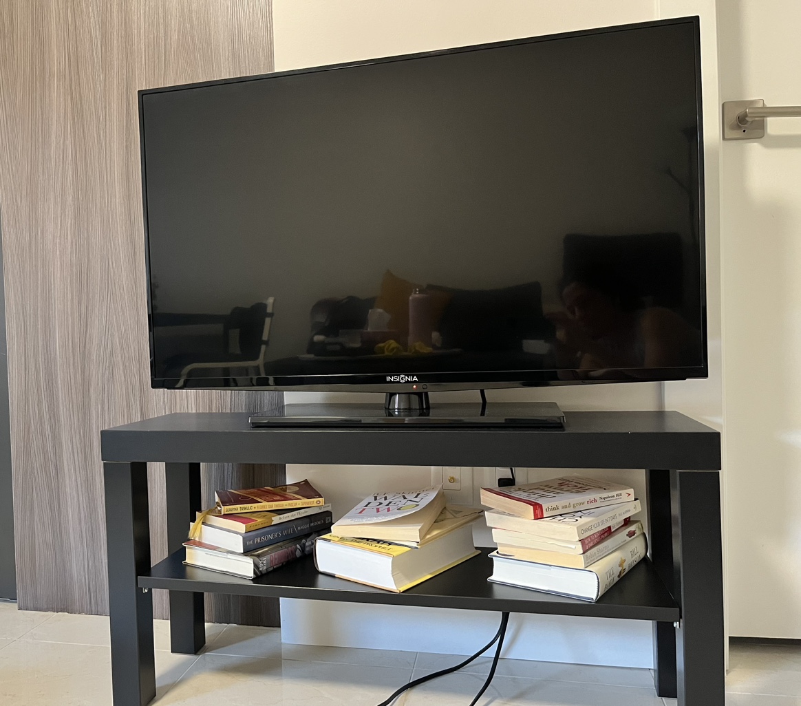 TV and IKEA black bench