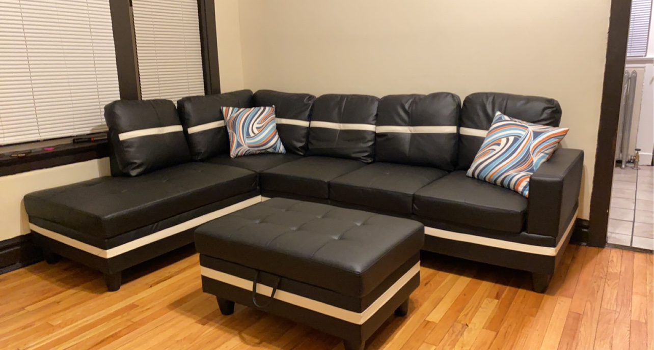 Black Leather Sectional with Ottoman