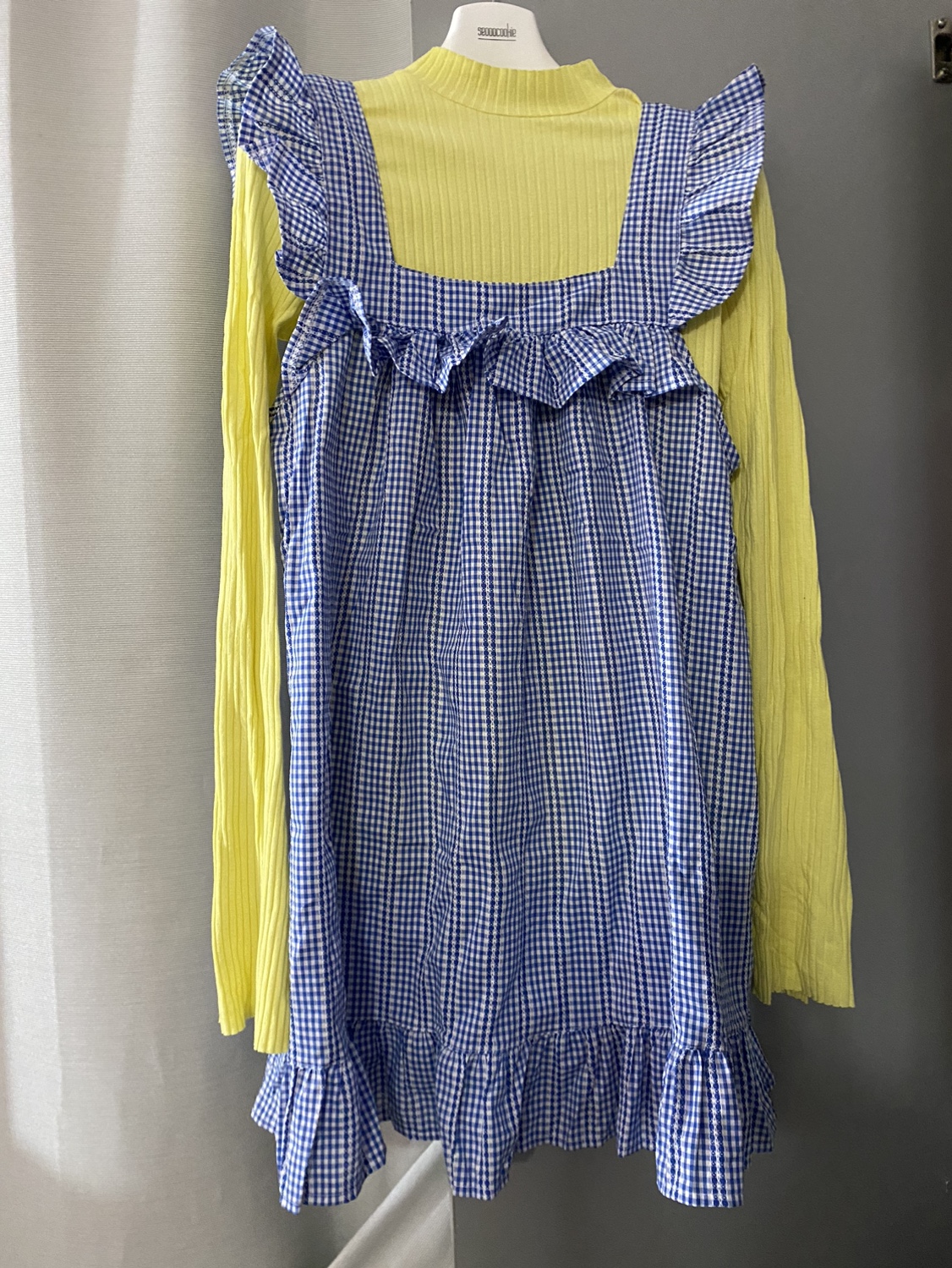 gingham check blue pinafore dress thumbnail