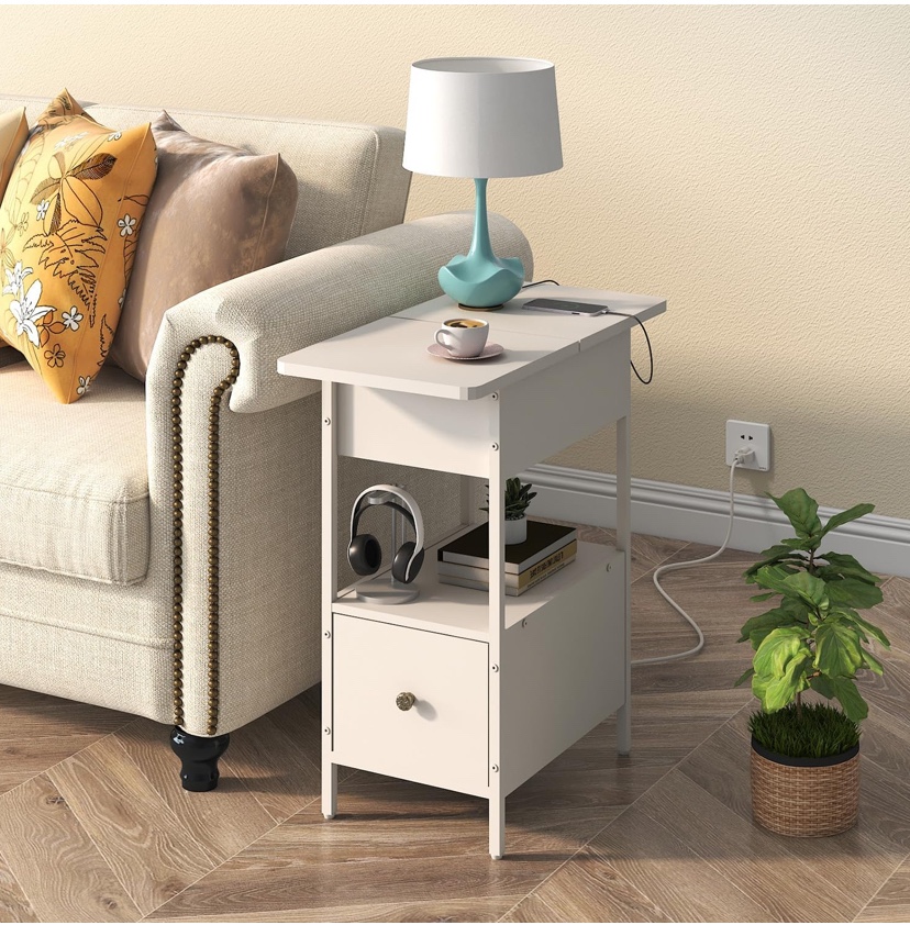 Narrow Side Table with Flip Top Cabinet and Fabric Drawer