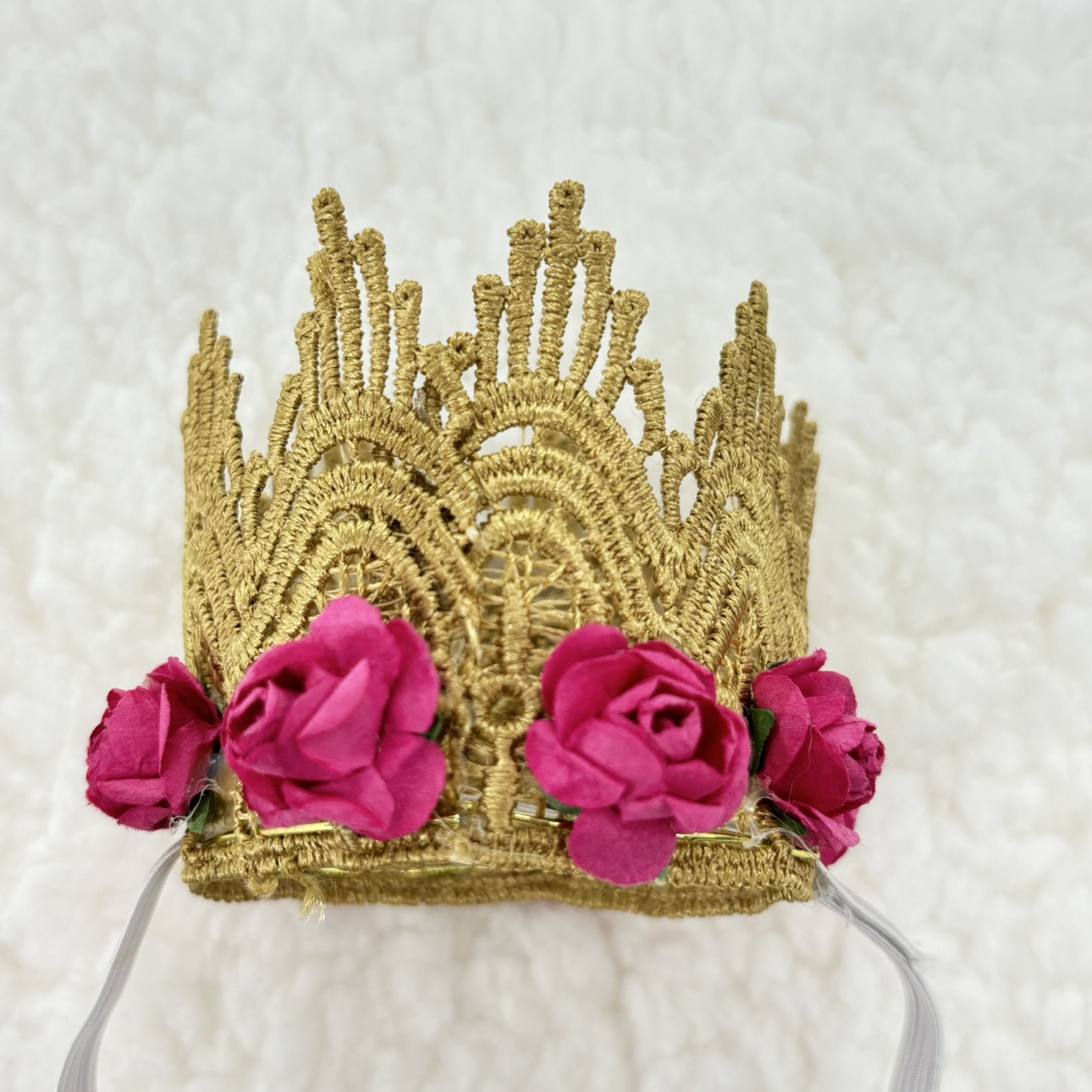 Lace Crown Stiff Crocheted Gold Lace w Pink Flowers for Newborn