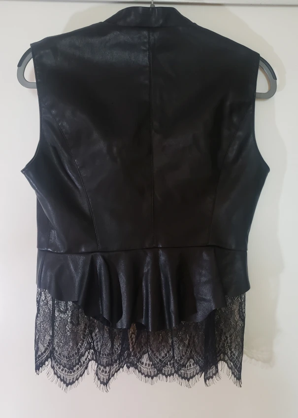 Black Faux Leather Vest with Lace Trim image indicator(2)
