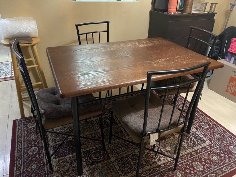 WOOD TOP DINNING TABLE AND 4 chairs.