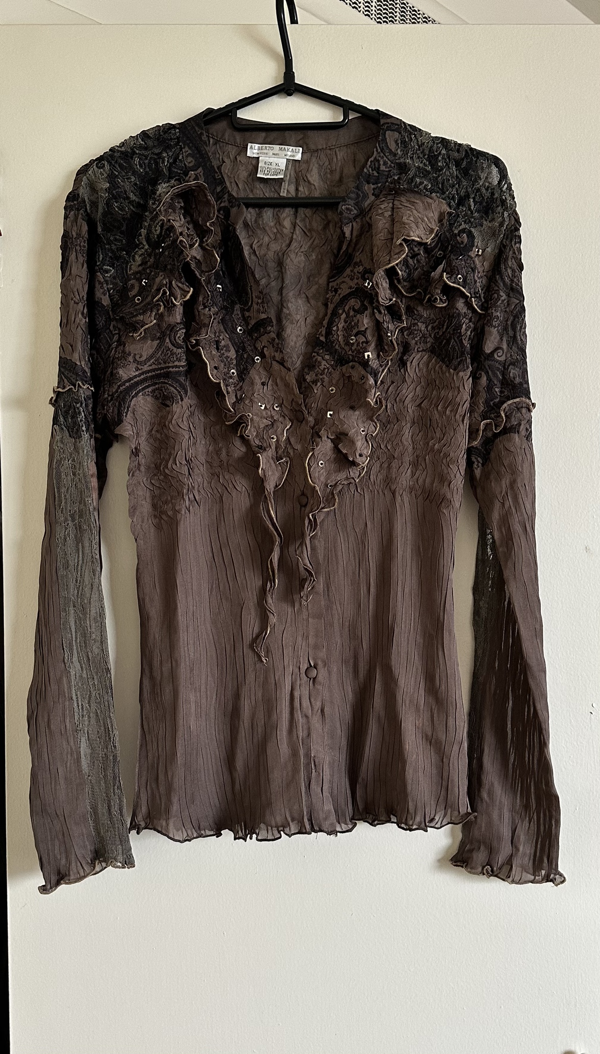 Brown Floral Blouse with Lace Detail