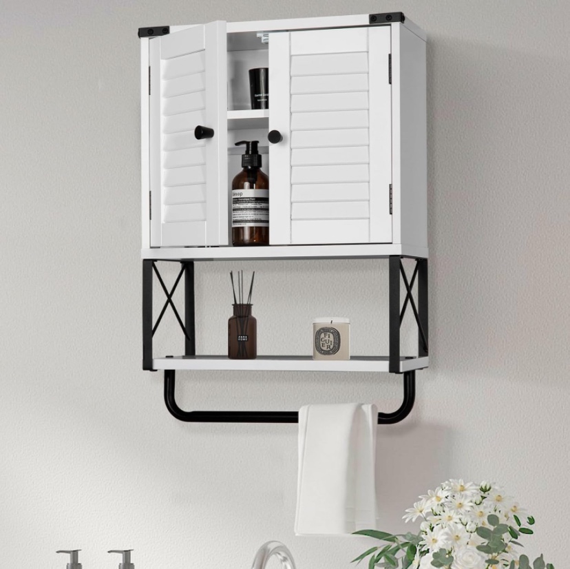 White Bathroom Cabinet with Shelf and Towel Rack