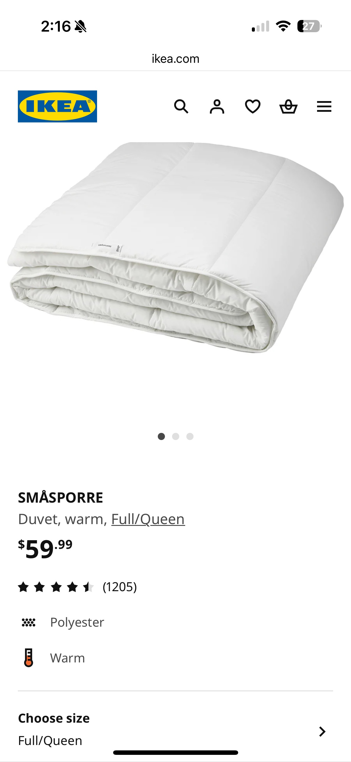 IKEA SMÅSPORRE Duvet, Full/Queen, Warm thumbnail