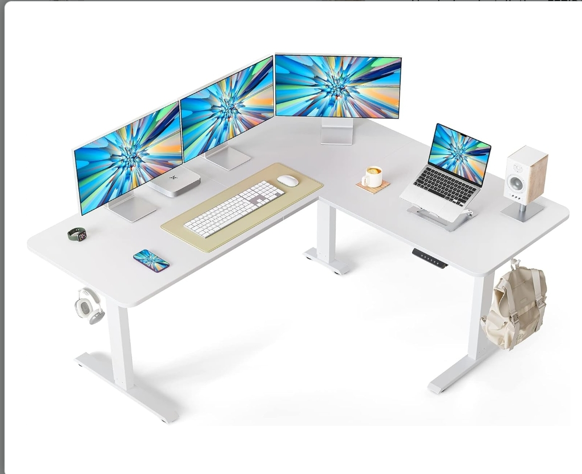 White L shaped standing desk electric adjustable height