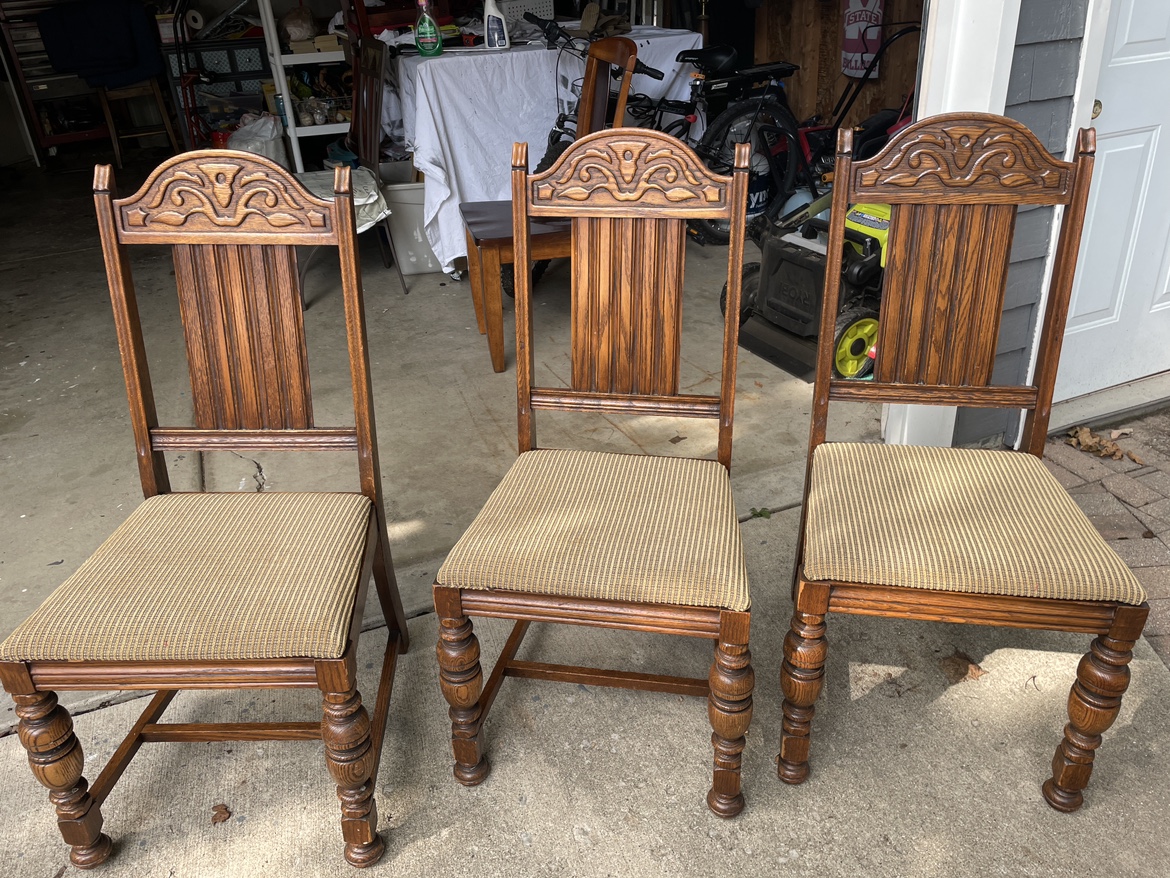 Antique set of three Oak dining chairs, newly reupholstered