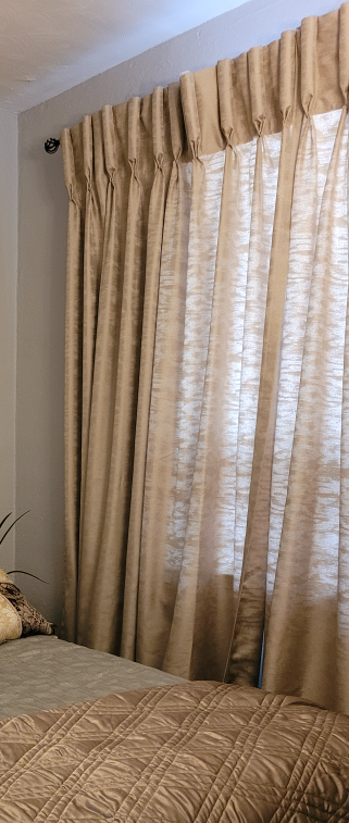 Beautiful extra long golden colour curtains. (4)