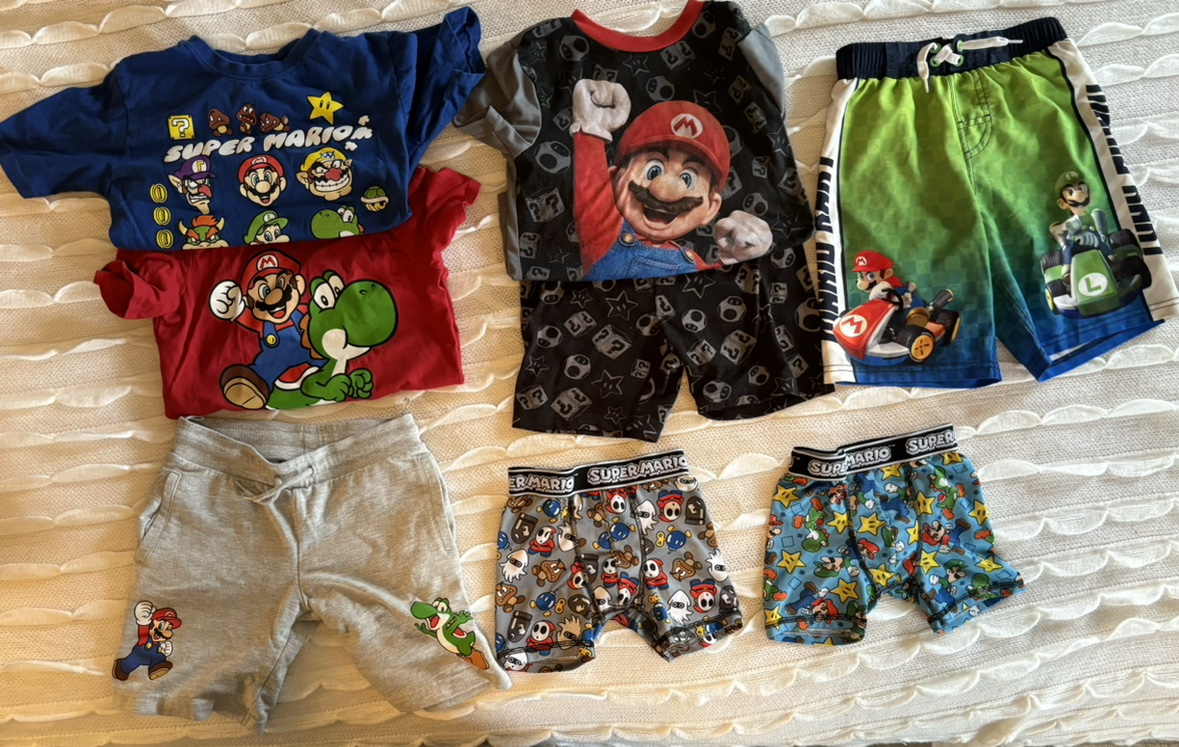 Mario Bros clothing bundle & swimming trunks (Size 6 & 7/8)