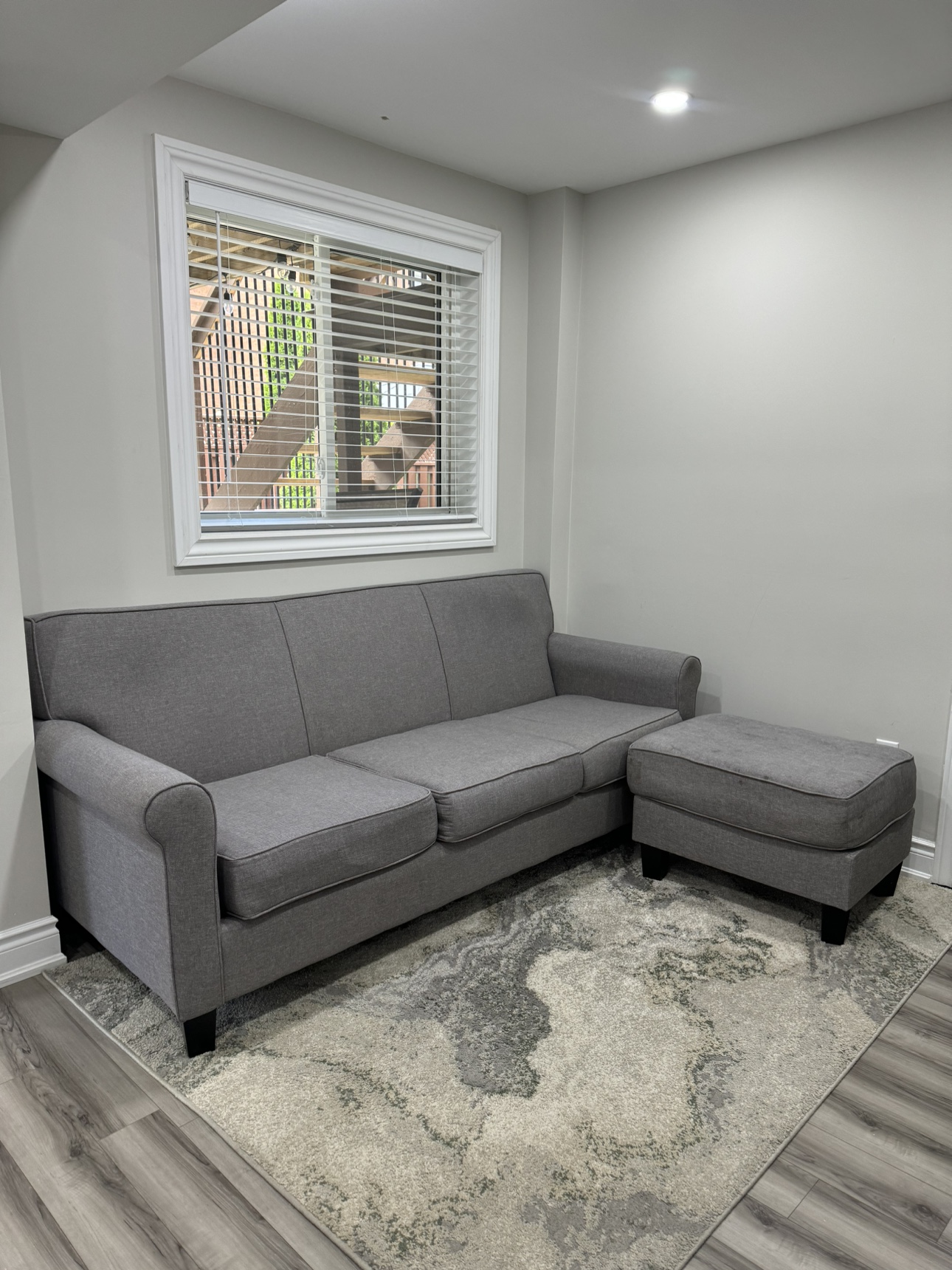For Sale: 3-Seat Grey Sofa & Ottoman (Includes Free White Cover) thumbnail