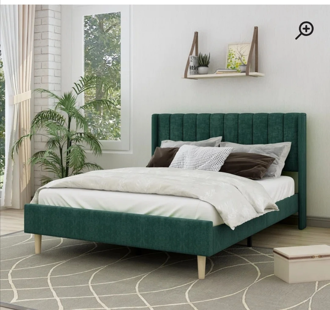 Green Upholstered Bed Frame and queen mattress