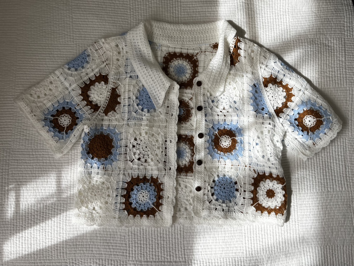 Crochet Floral Short Sleeve Blouse - From Korea