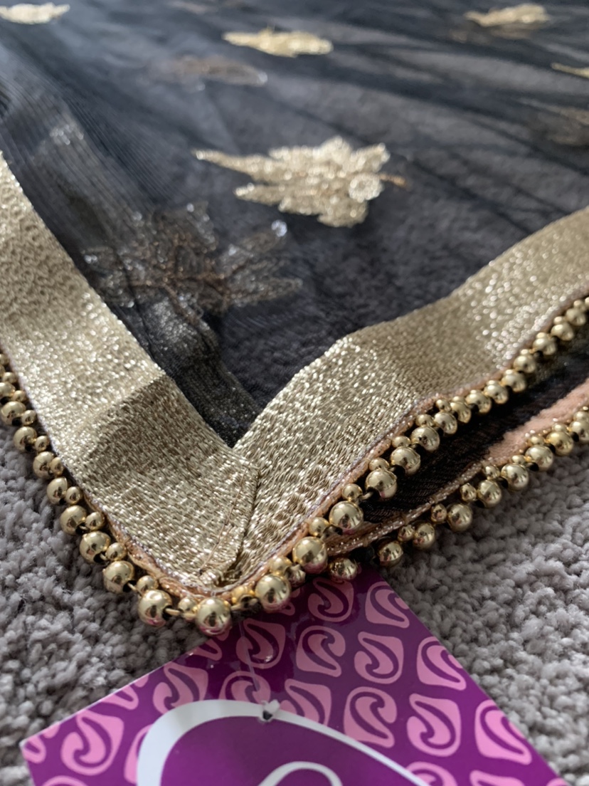 Black Net Indian Dupatta with Gold Leaf Design