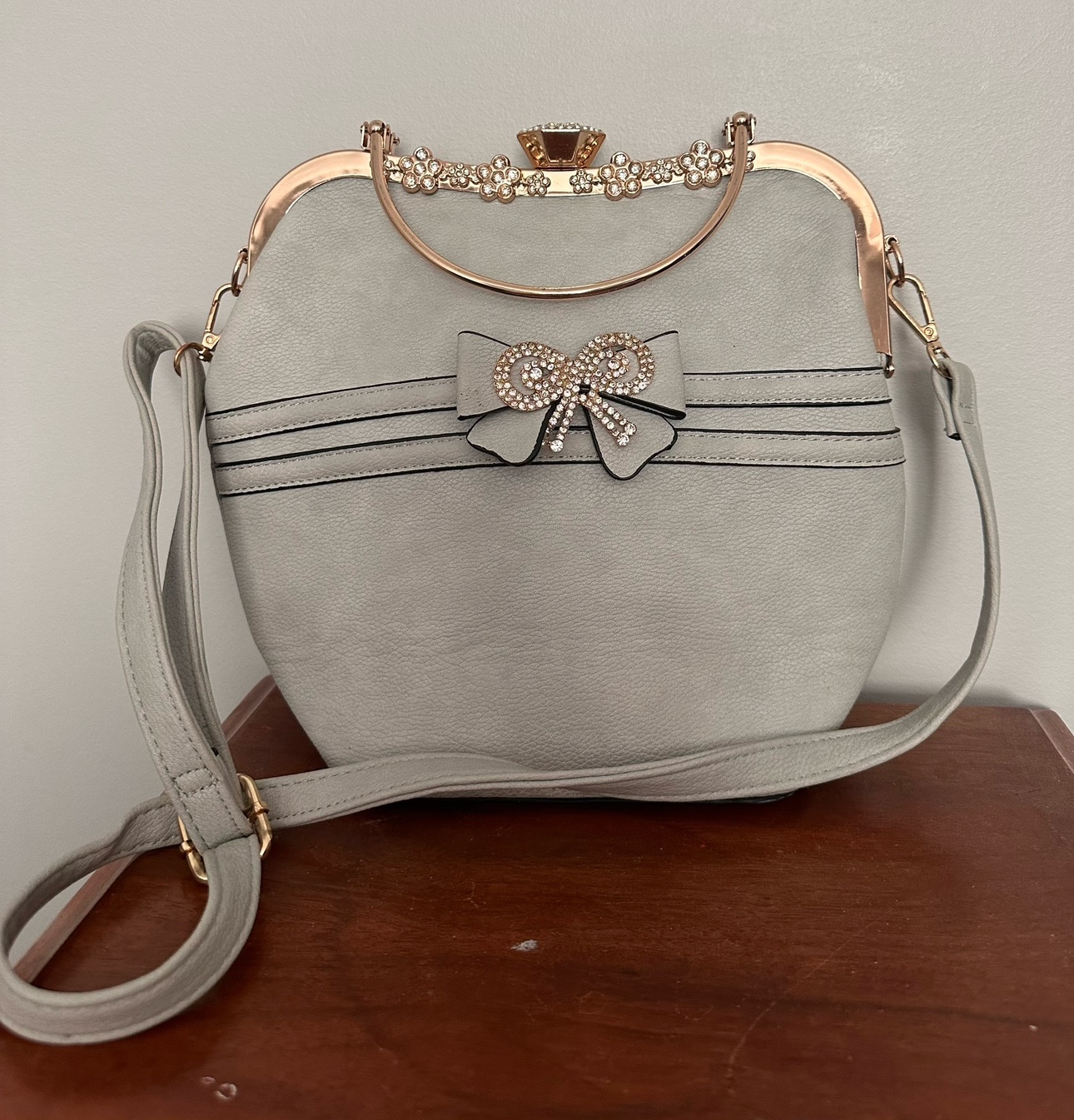 Grey Clutch Purse with Rhinestone Bow