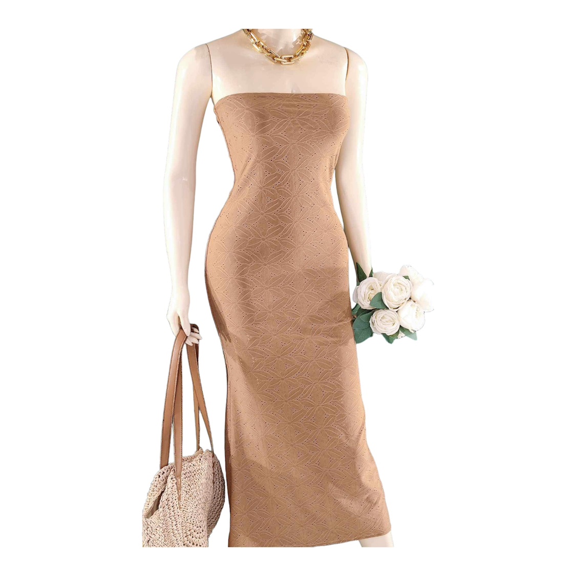 Brown Strapless Midi Dress thumbnail