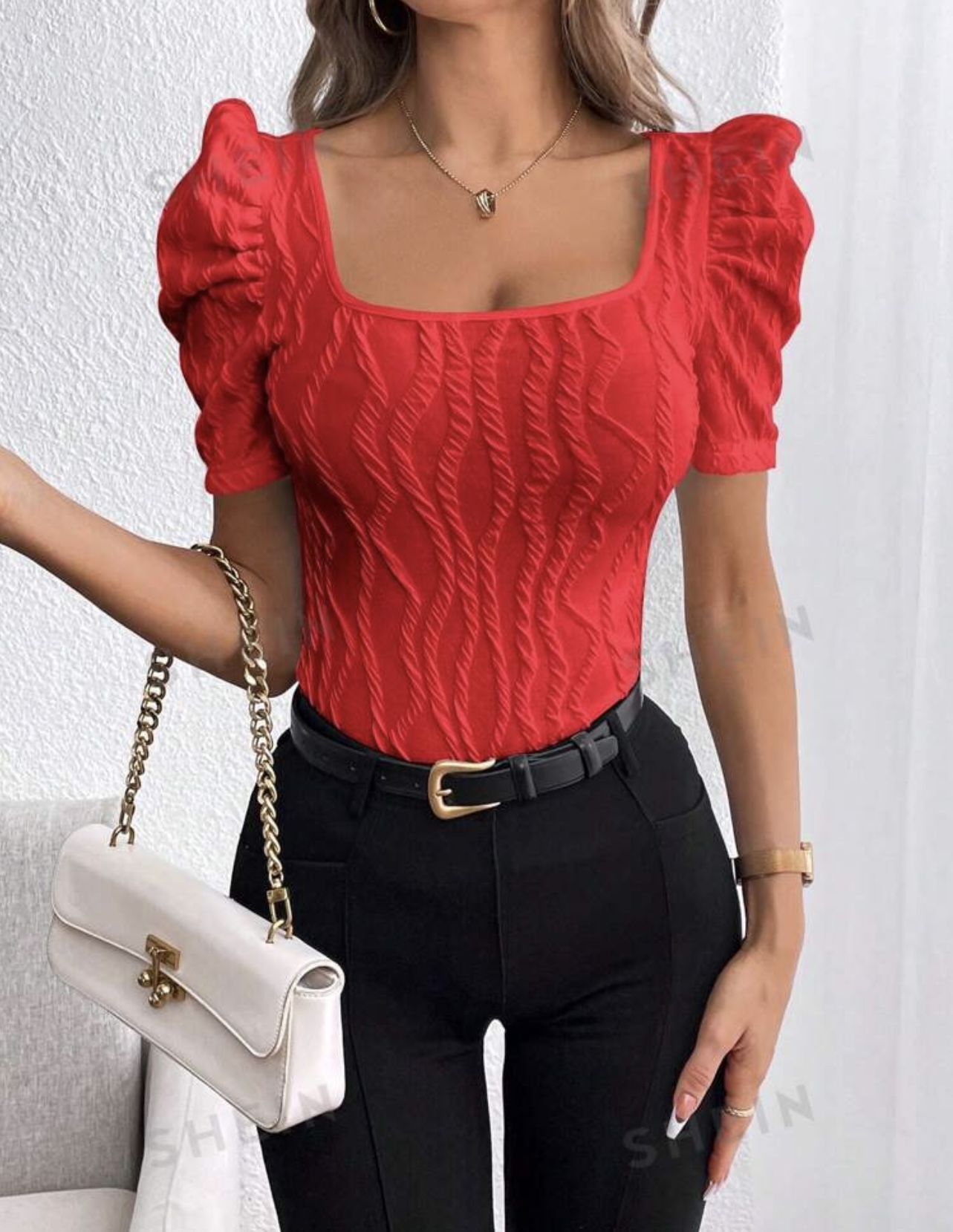 Red puffed sleeves top - photo 3