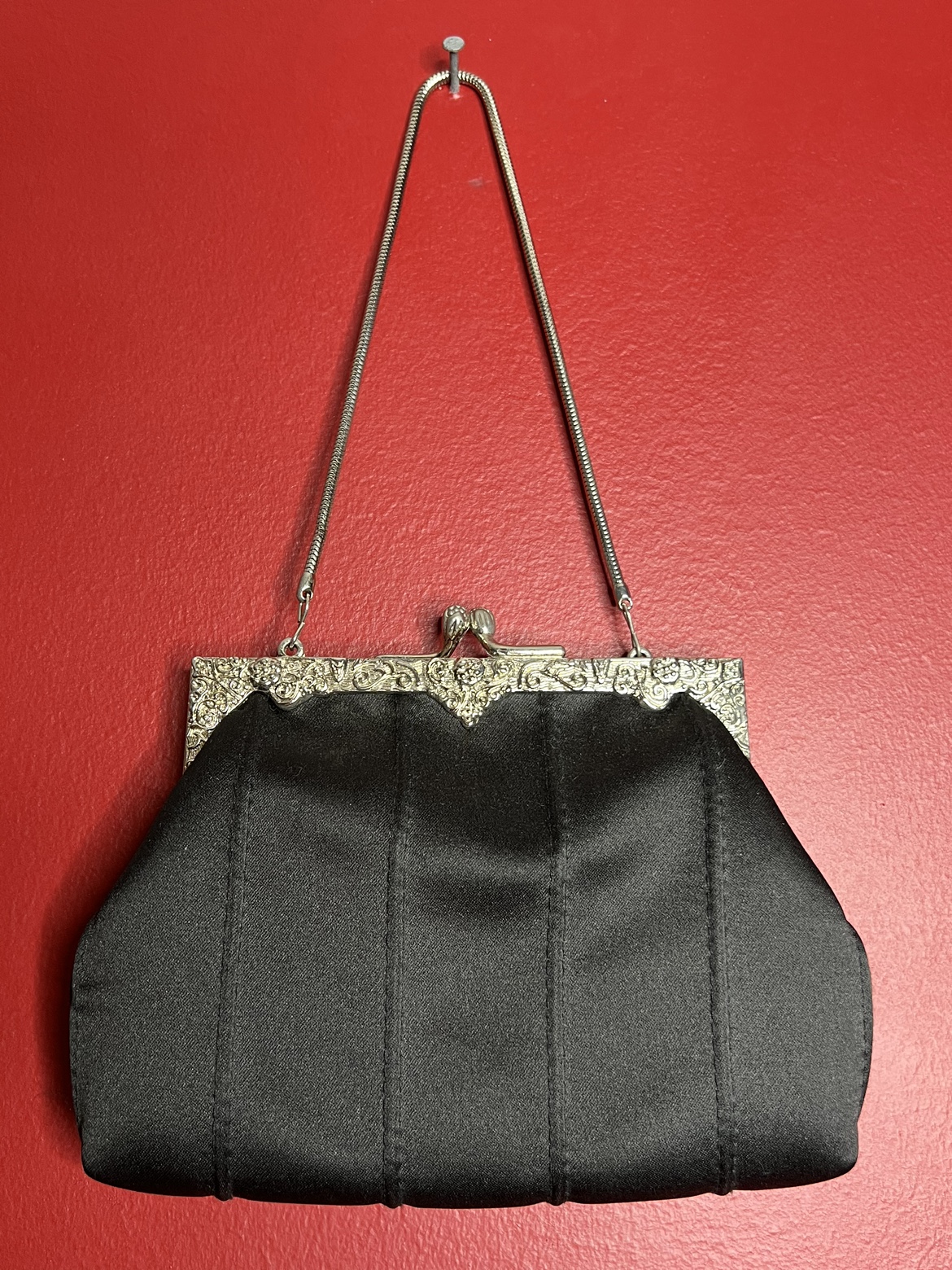 Vintage 1930s Black Satin Clutch with Chain - photo 3