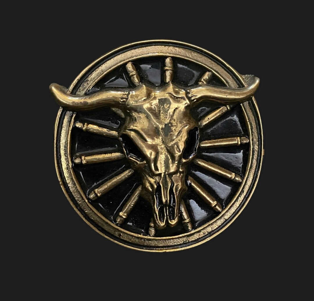 Baron Belt Buckles Solid Brass Longhorn Cattle Skull 1980 thumbnail