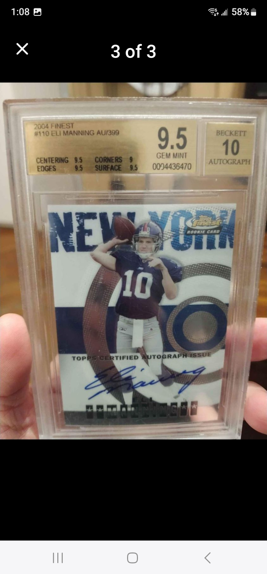 beckett verified 9.5 rating Eli manning autograph football card