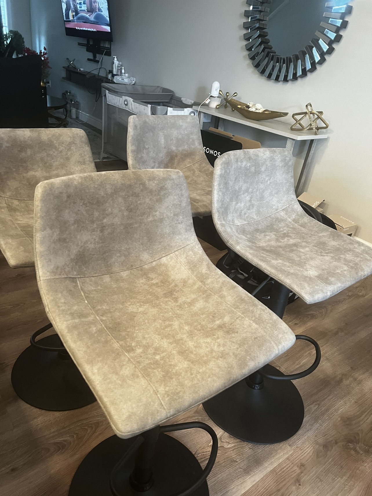 Grey Faux Leather Adjustable Bar Stool Set of 4