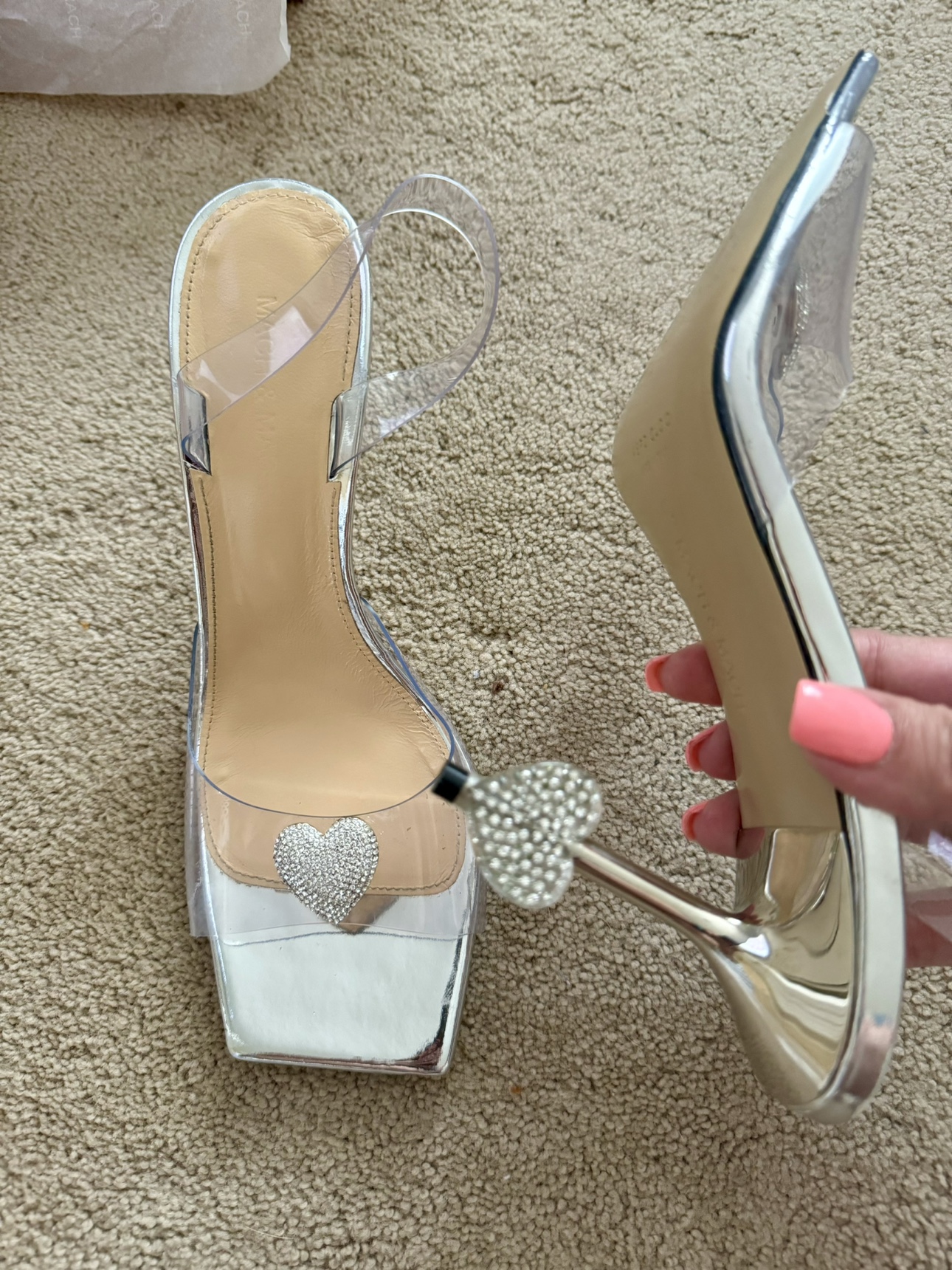Mach & Mach Transparent Crystal Heart Heeled Sandals - photo 4