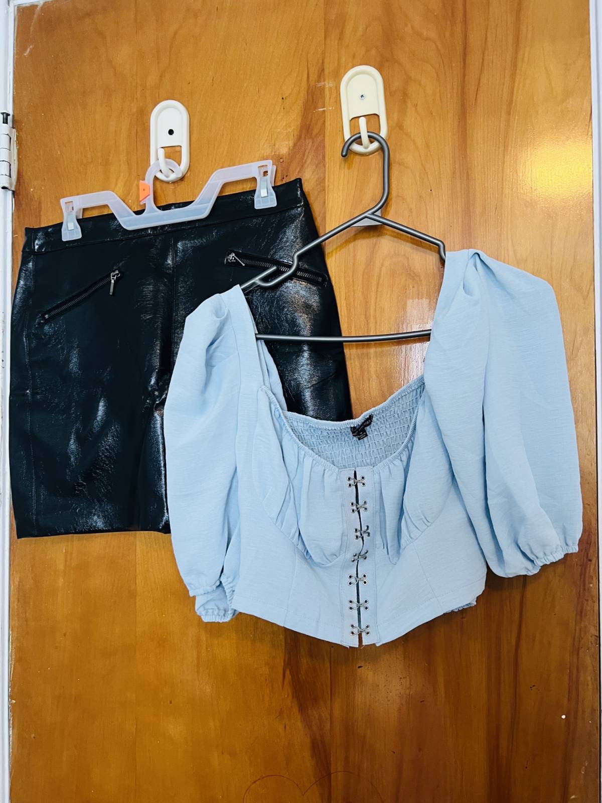 Black Faux Leather Mini Skirt and Blue Crop Top