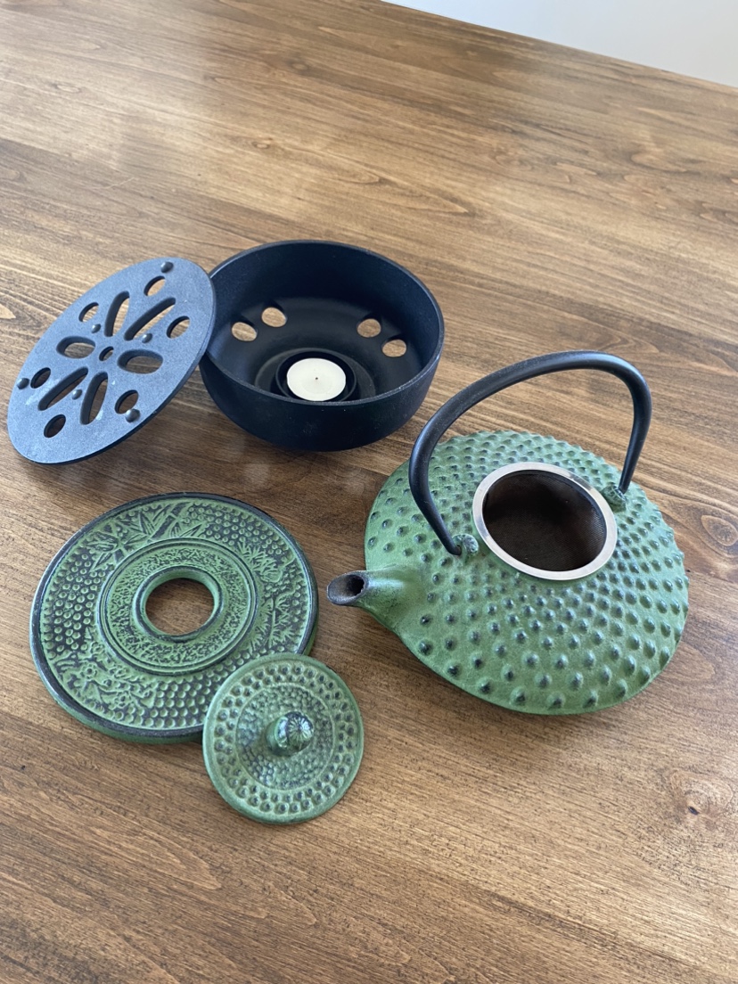 Green Cast Iron Japanese Teapot with Warmer
