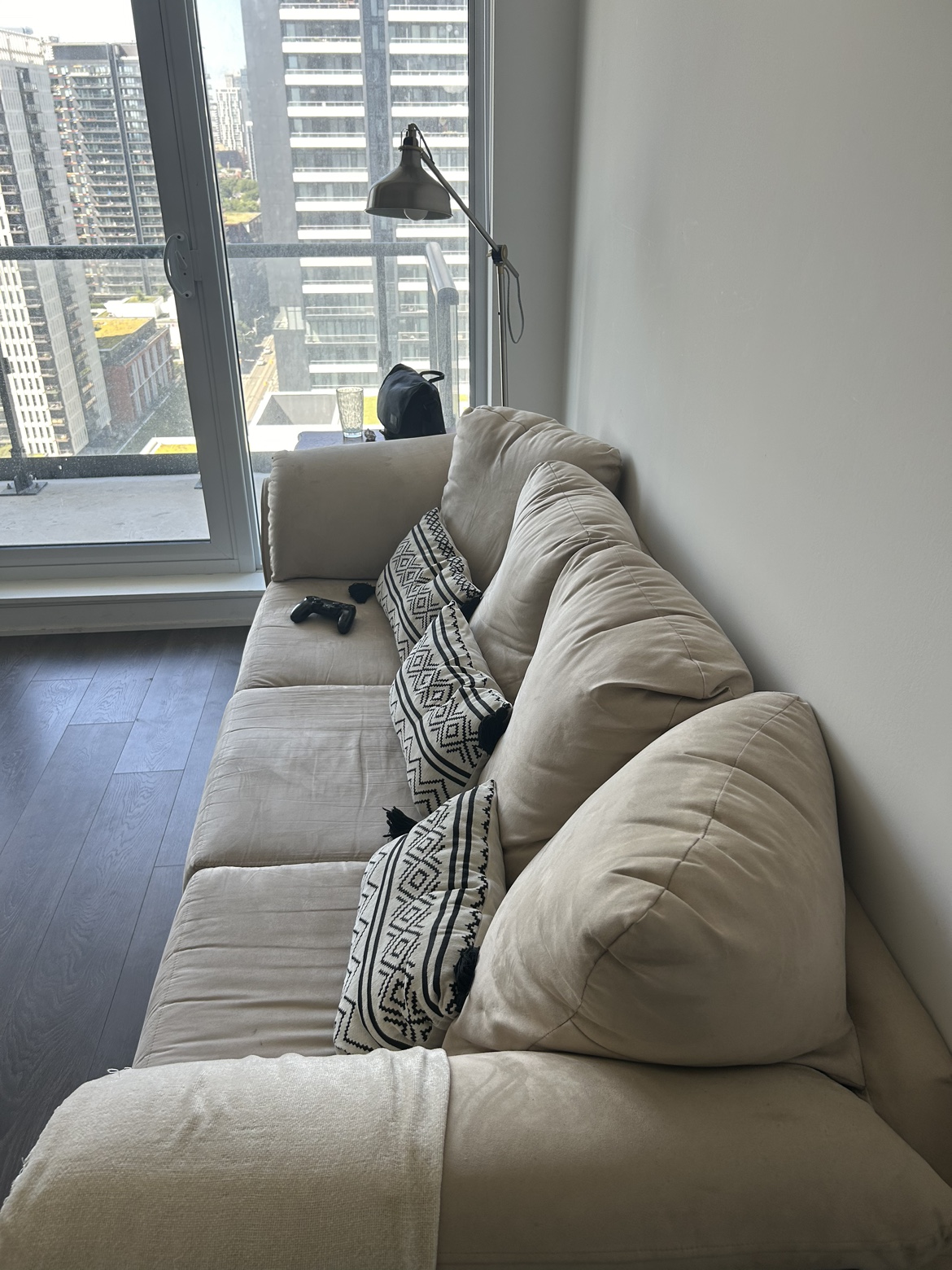 Beige Suede Couch with 3 pillows - photo 3