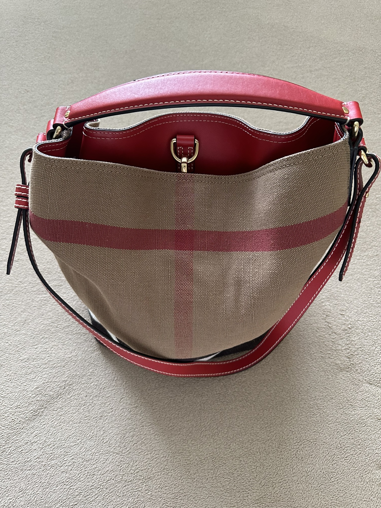 Burberry Red/Tan Check Canvas & Leather Ashby Hobo Bag image indicator(3)