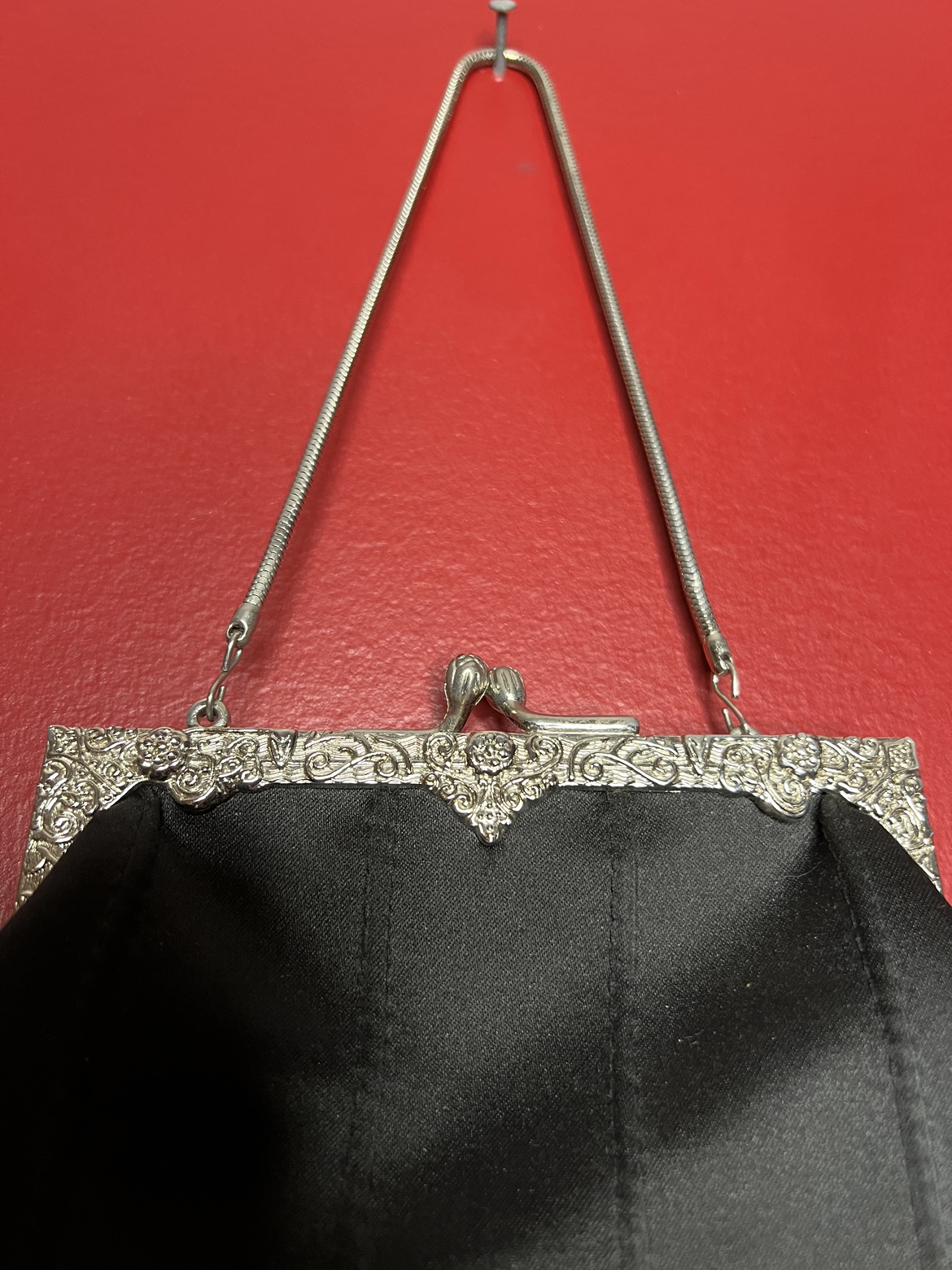 Vintage 1930s Black Satin Clutch with Chain - photo 2