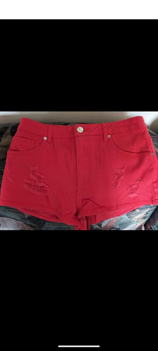 Red Distressed Denim Shorts - photo 3