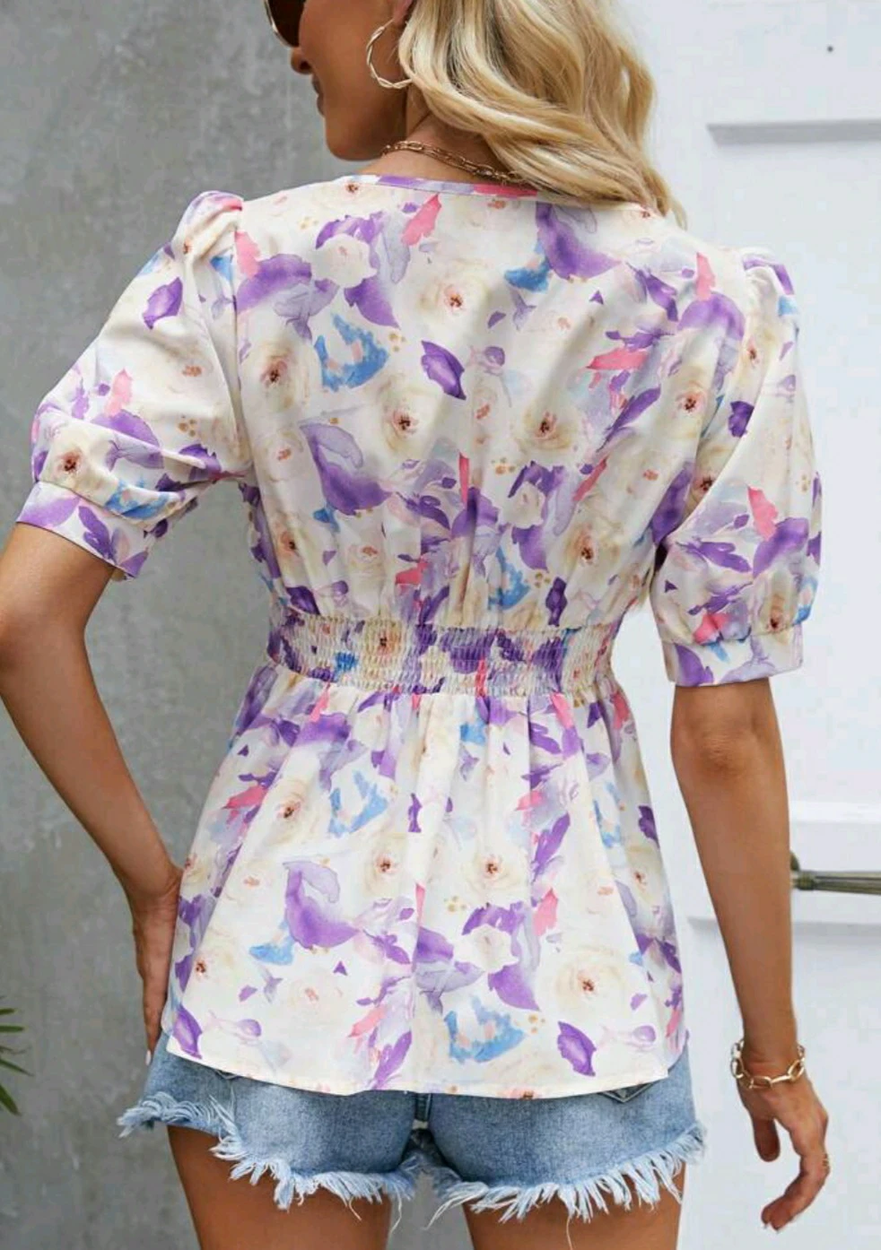 Allover Floral Puff Sleeve Peplum Blouse XL image indicator(2)