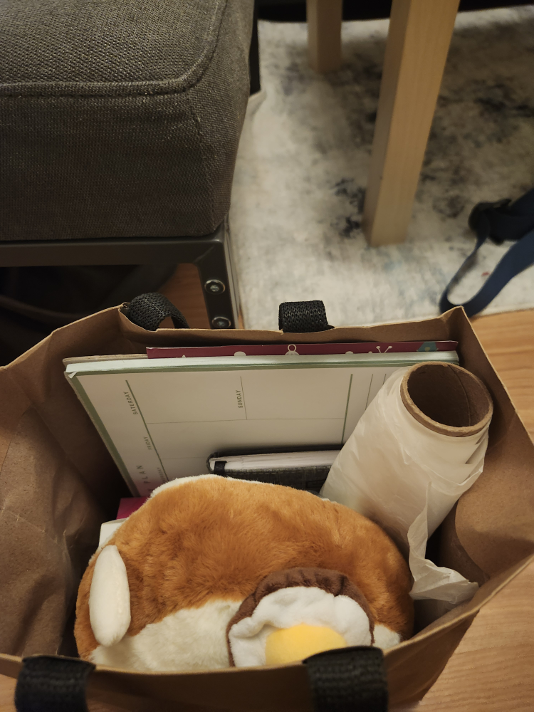 Bag of stationery, stuffed toy, misc.