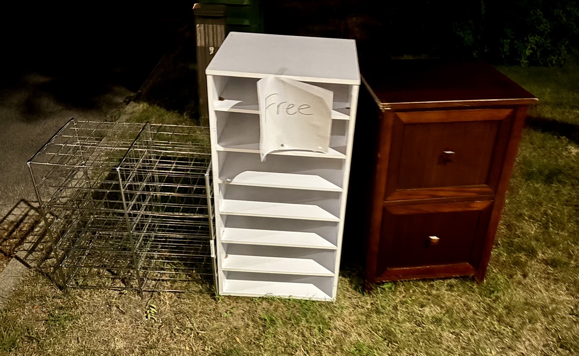 Wood and metal shelves & file cabinet