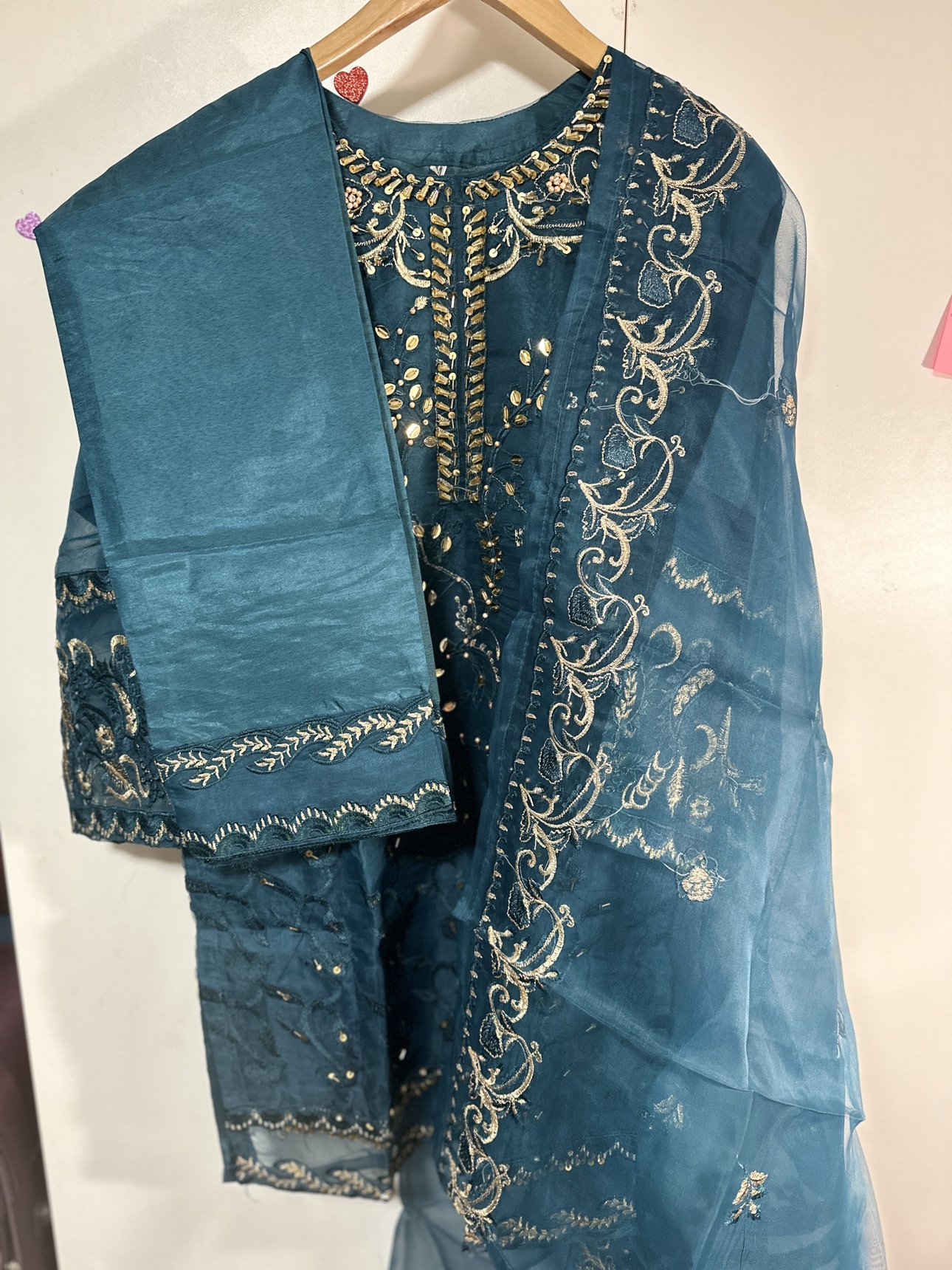 Teal and Gold Embroidered Shalwar Kameez Suit - photo 2