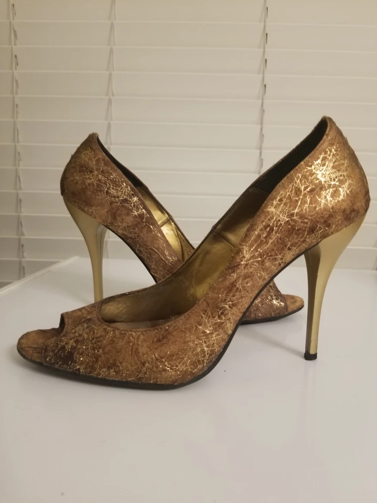 Brown-Gold peep toe heels