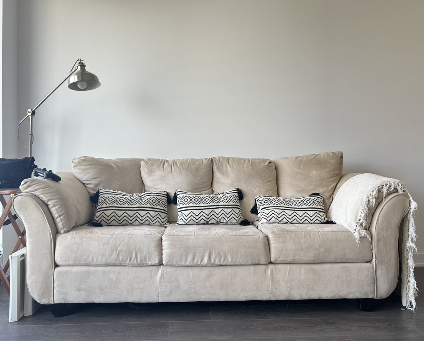 Beige Suede Couch with 3 pillows