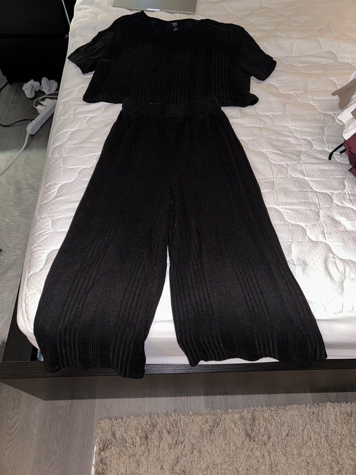 Black Ribbed Crop Top and Pants Set