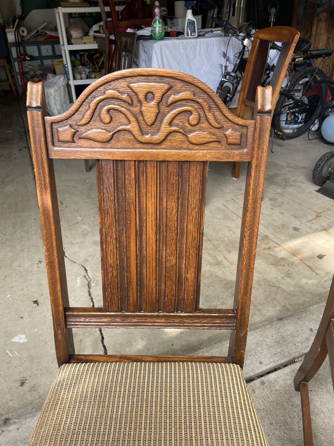 Antique set of three Oak dining chairs, newly reupholstered - photo 2
