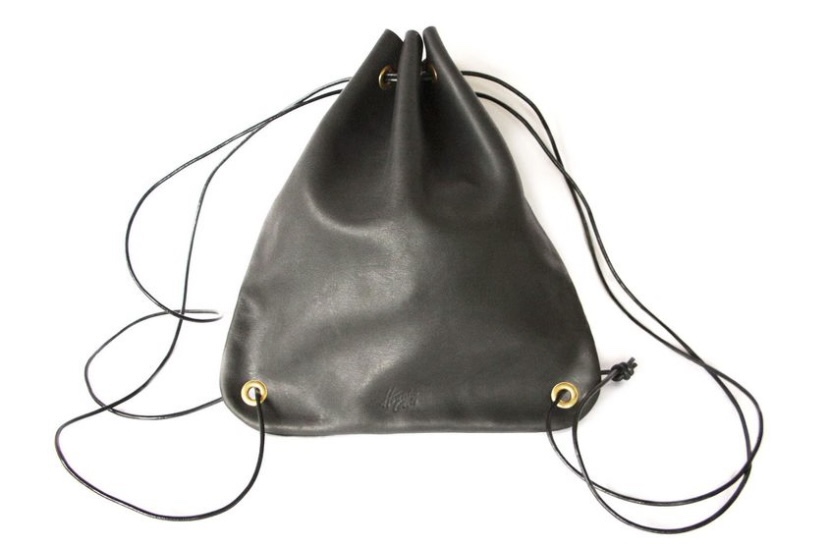 Black Leather Mini Drawstring Backpack