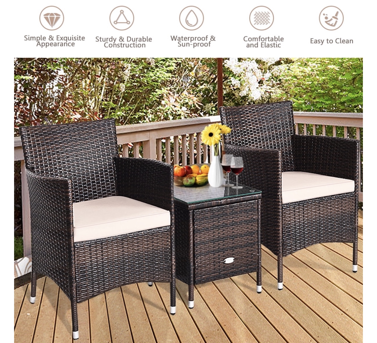 3 PCS PE Rattan Wicker Furniture Sets Garden Beige - photo 4