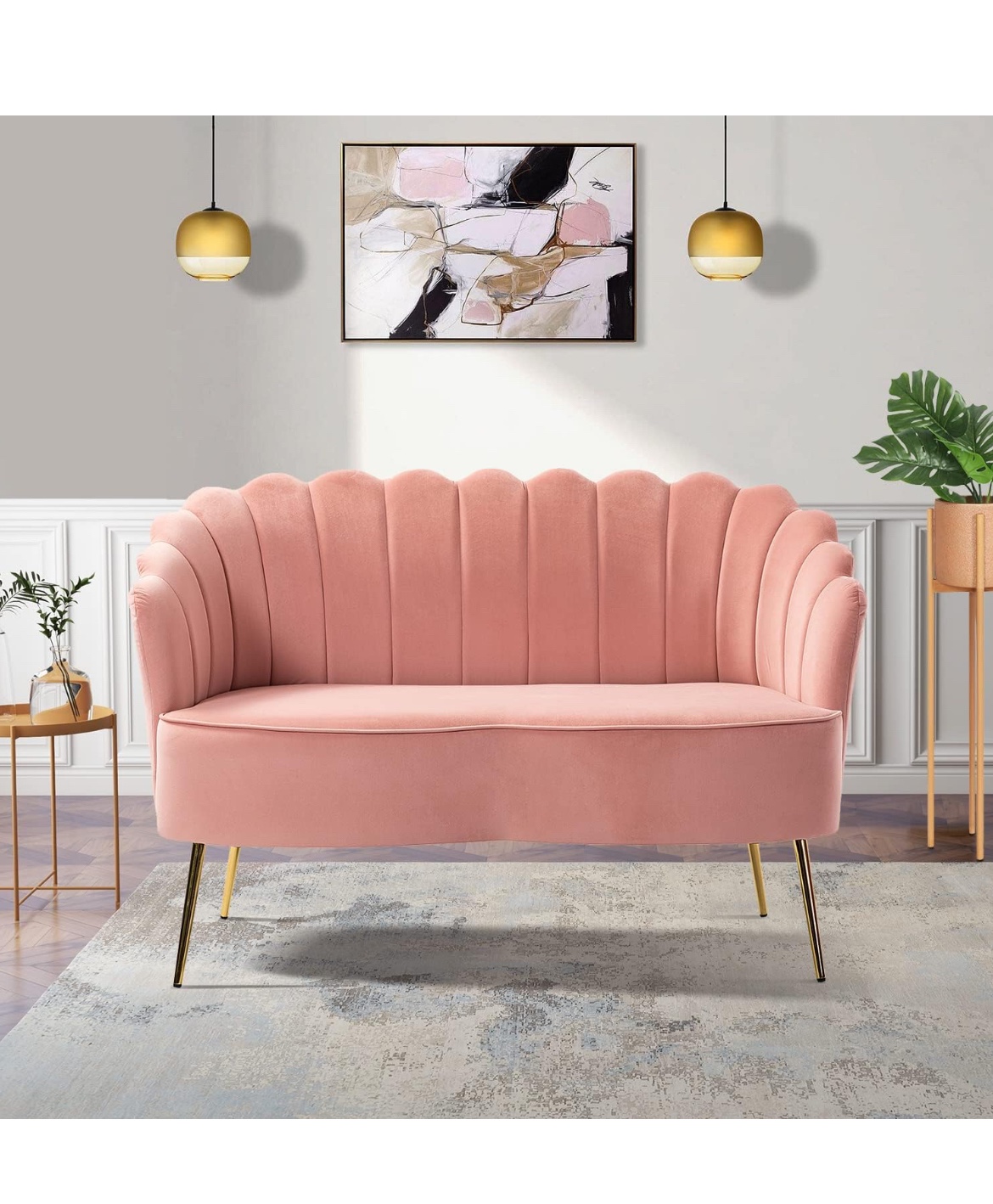 Pink Velvet Scalloped Sofa
