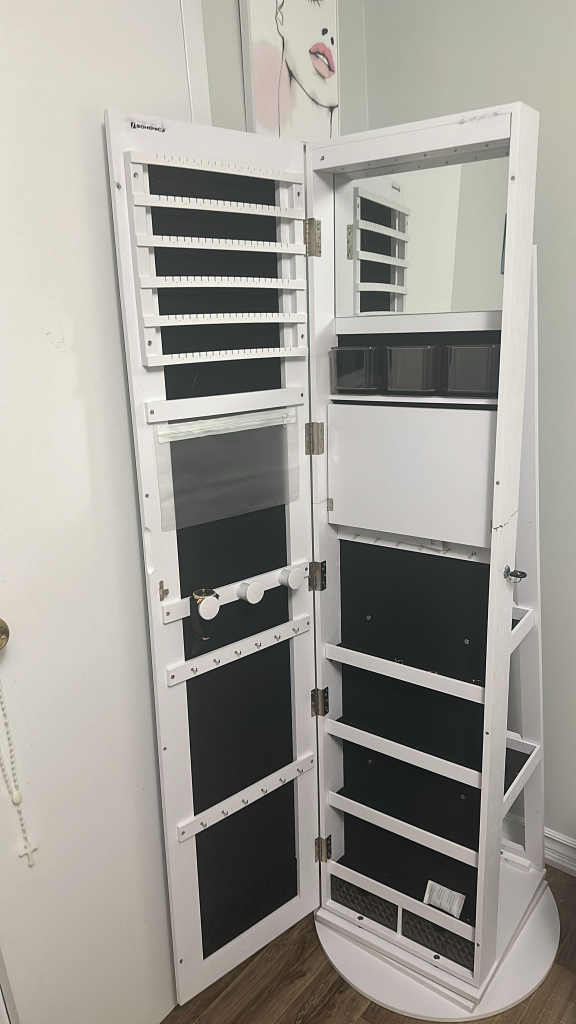 White Jewellery Armoire with Mirror on a carousel