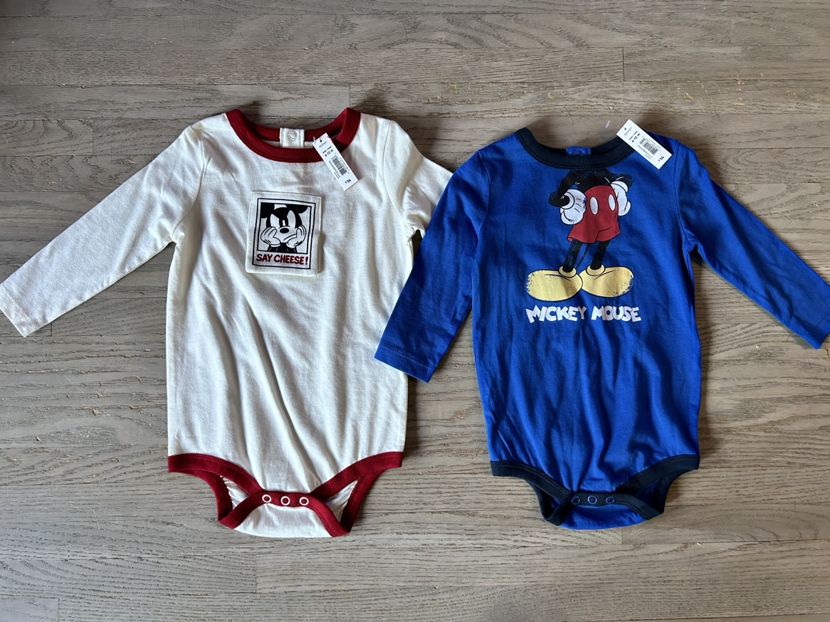 New 6-12 month Mickey Mouse onesies