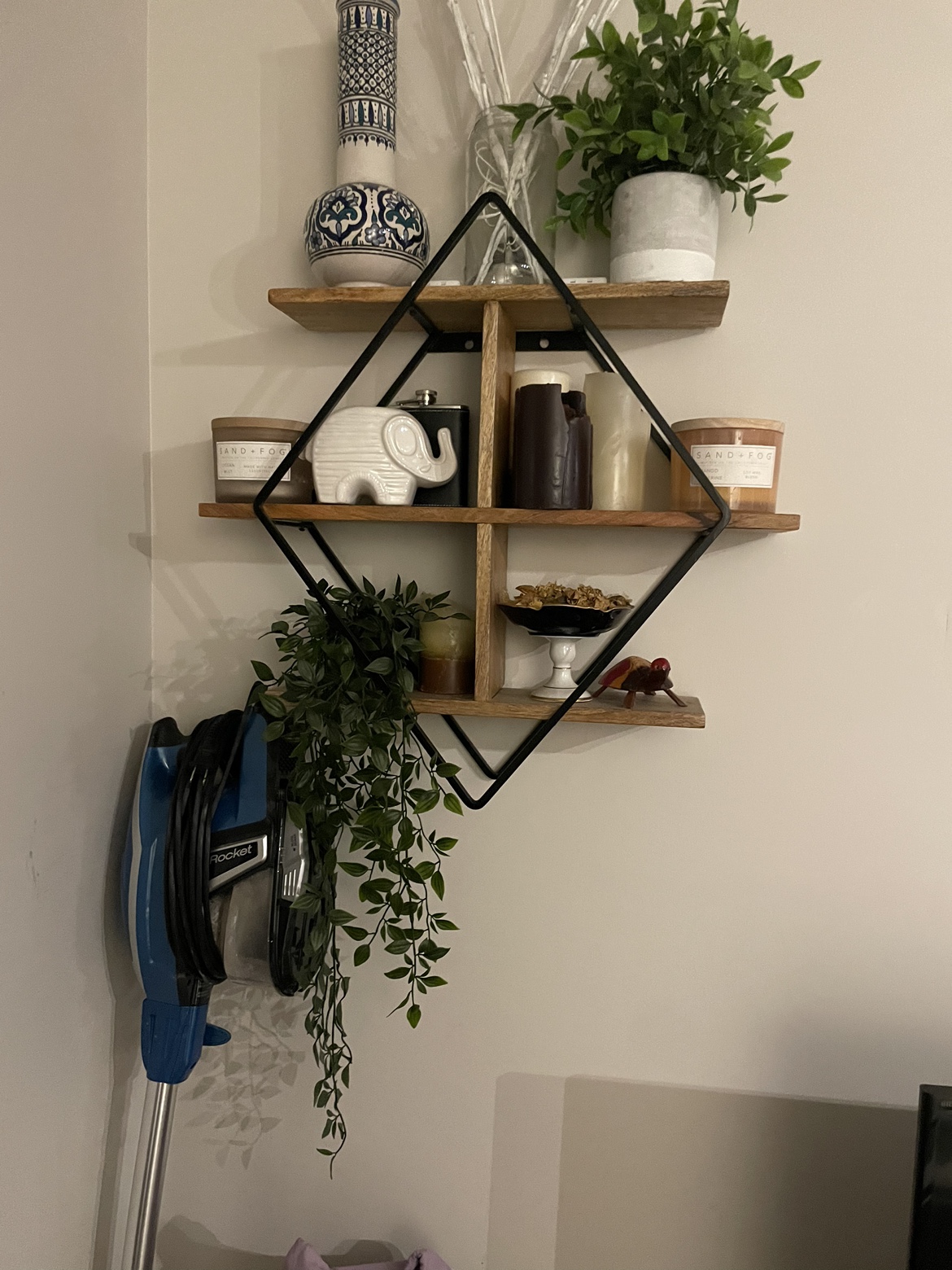 Diamond Shaped Wall Shelf wood, and black accents