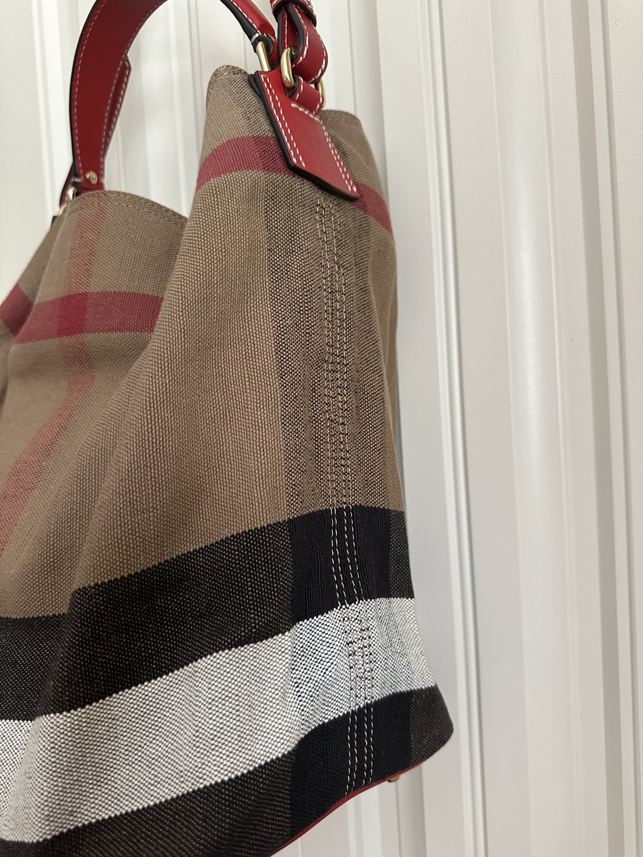 Burberry Red/Tan Check Canvas & Leather Ashby Hobo Bag image indicator(2)