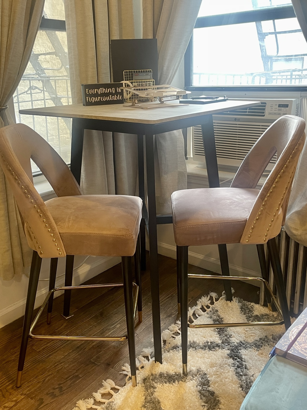 Velvet bar stools and high top table set