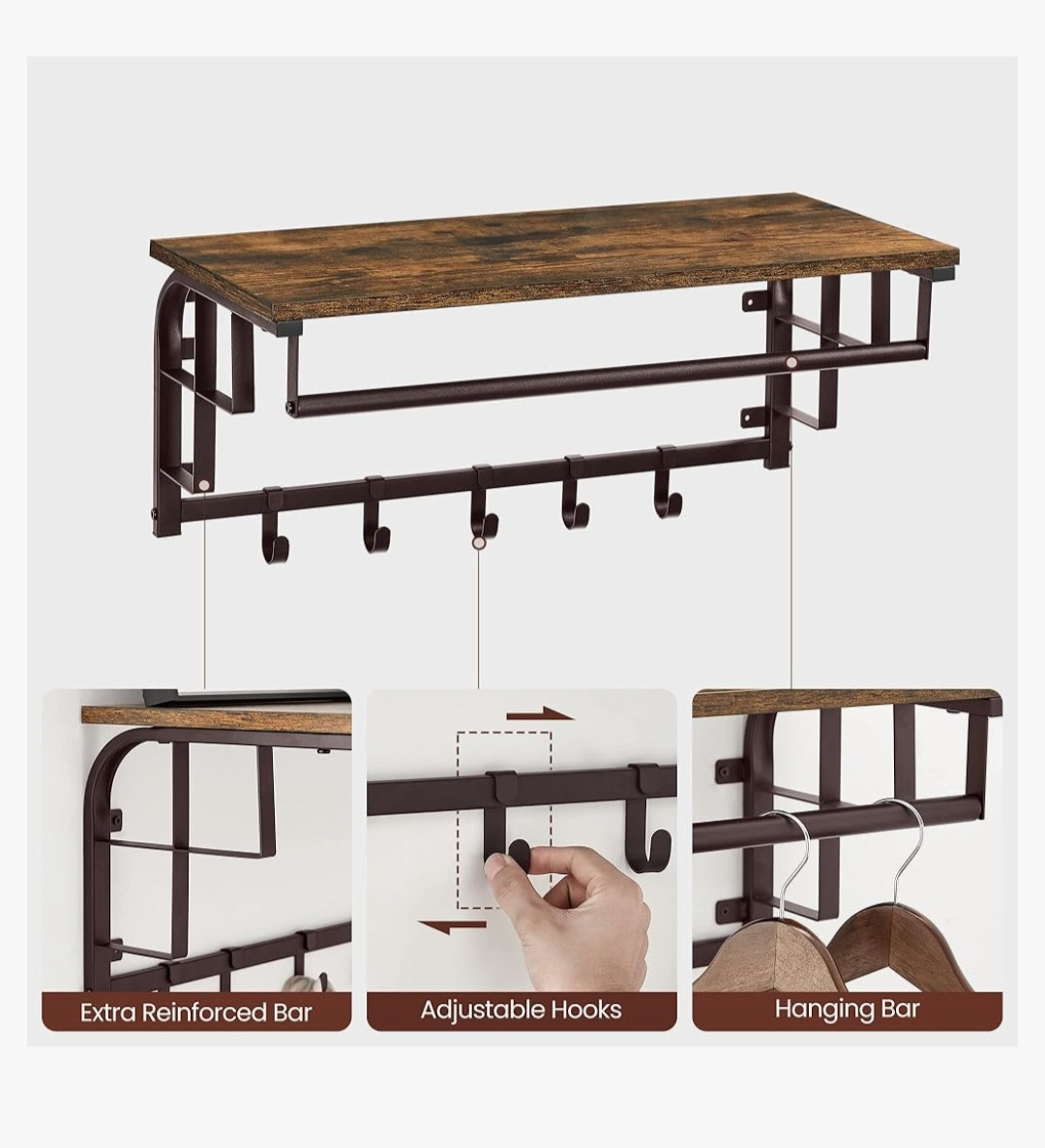 VASAGLE Wall-Mounted Coat Rack, Wall Hook Rack with Hanging Rail image indicator(4)