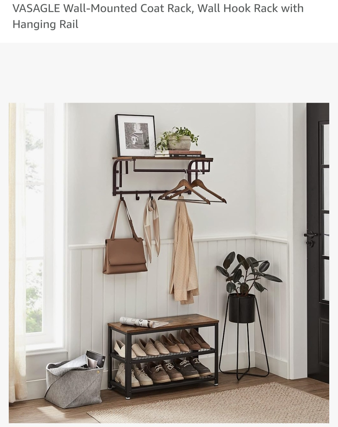 VASAGLE Wall-Mounted Coat Rack, Wall Hook Rack with Hanging Rail image indicator(6)